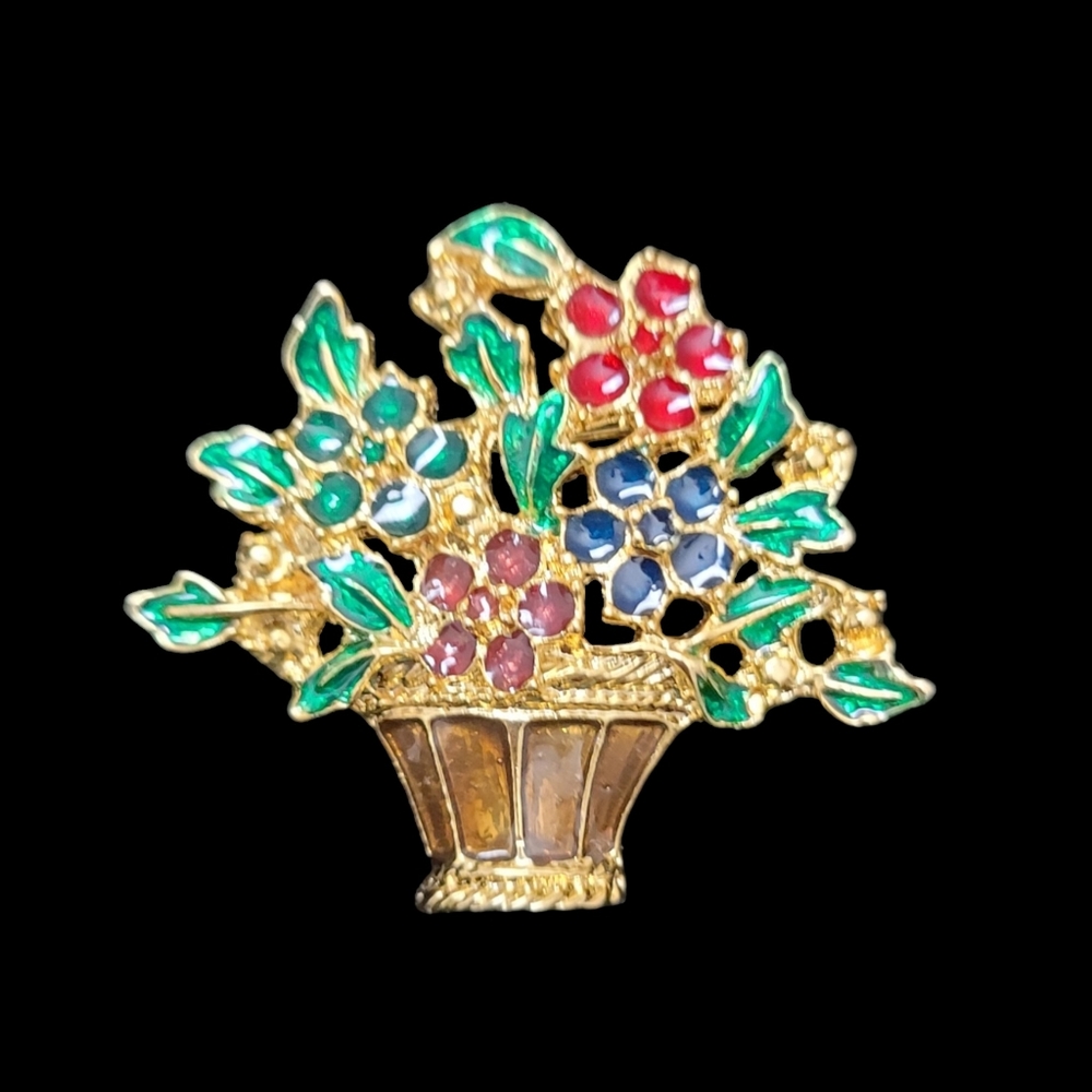 Vintage Goldtone Flower Basket Brooch Pin Multicolored Enamel 2" x 2"